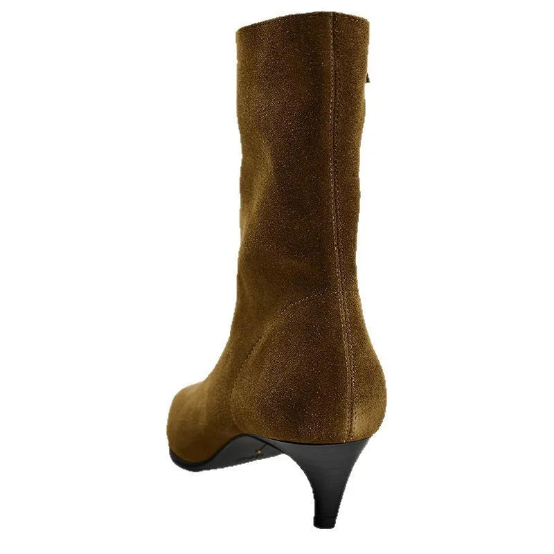 Brown square toe women's ankle boots with a side zipper, kitten heel, and a waterproof platform sole.
