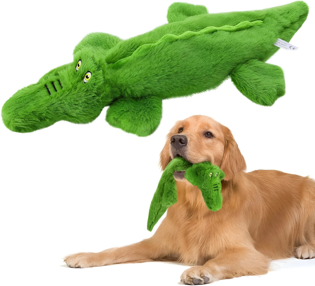 Green crocodile-shaped plush dog toy with no stuffing, squeaker in head and crinkle paper in tail