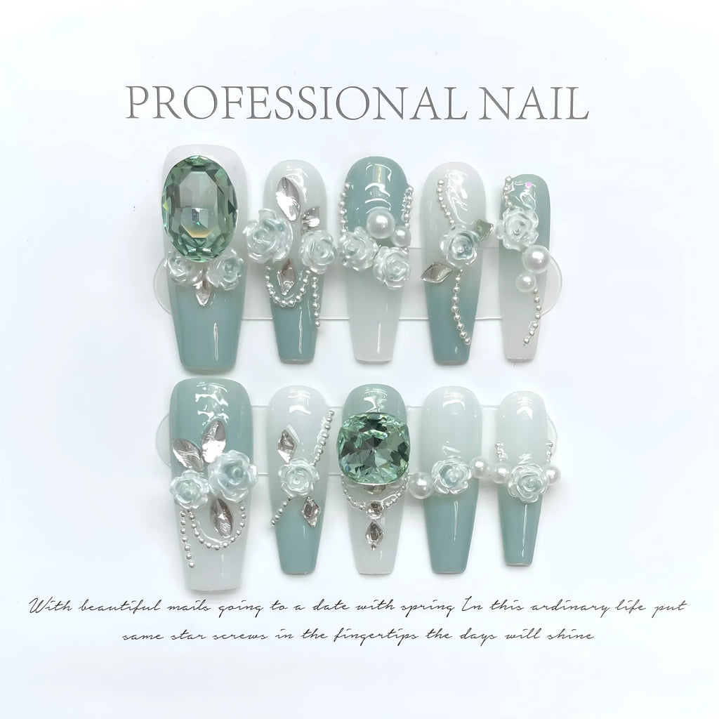 Women's green camellia pattern diamond bracelet with matching plastic armour suit jewellery set