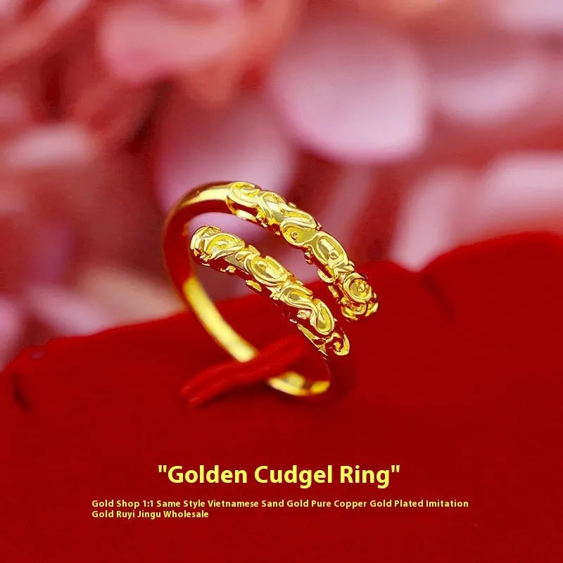 Metal ring with open mouth design and Fu character heart motif in Five Line Love colour