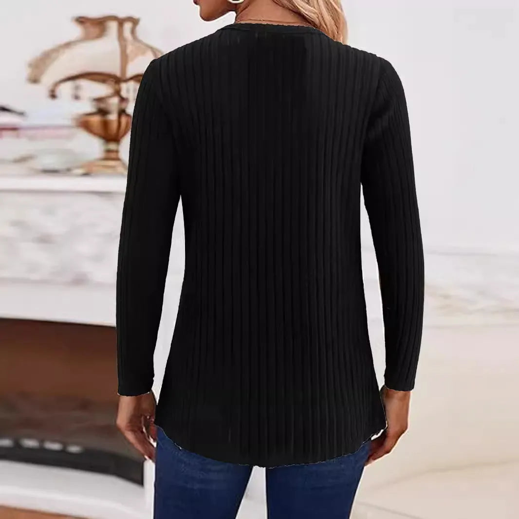 Black or grey green polyester knitted button-front casual sweater with regular sleeves