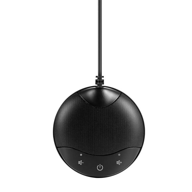 Black USB condenser microphone for conference calls and gaming with compact 9x9cm design