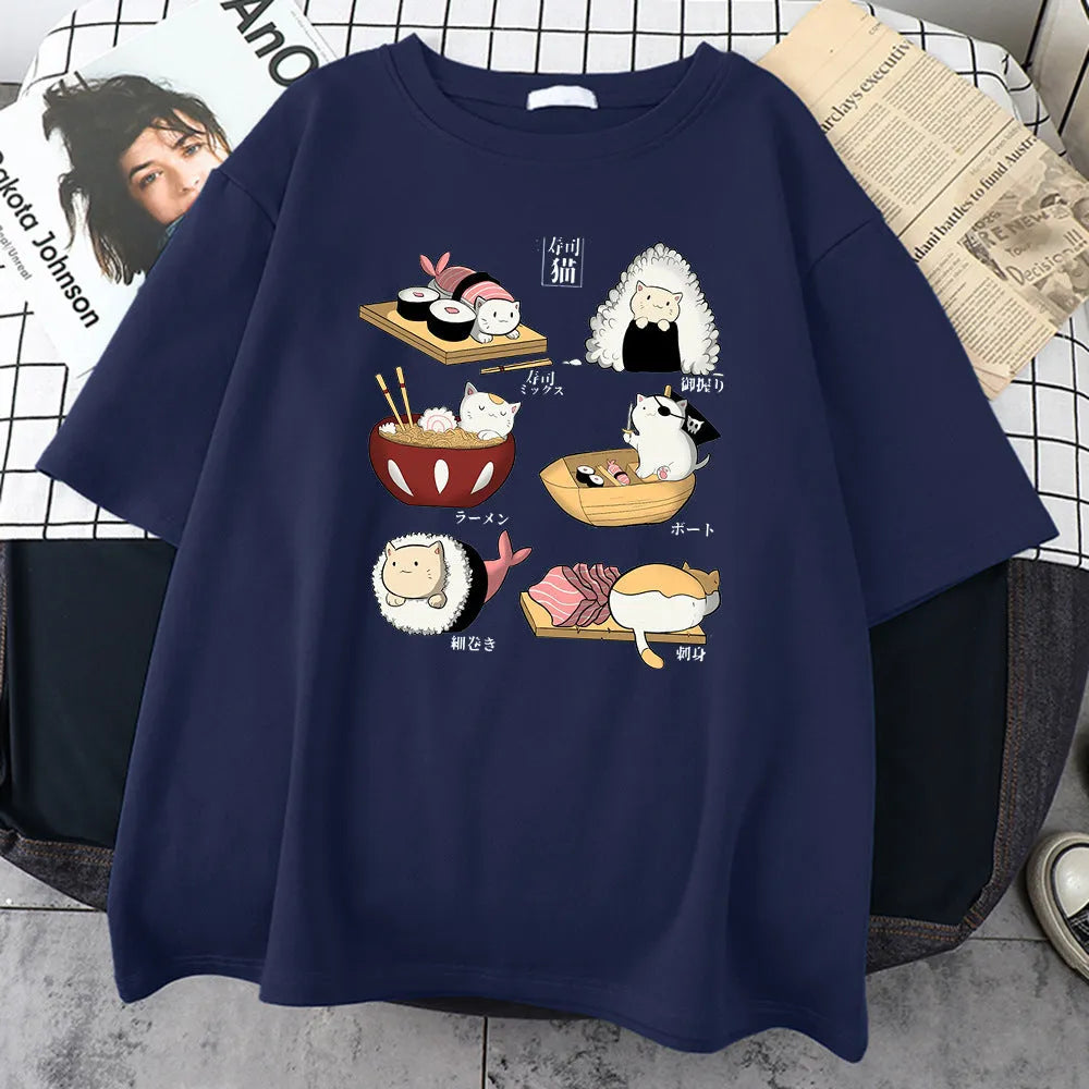 Men's cartoon sushi cat design t-shirt in pure cotton available in multiple colours