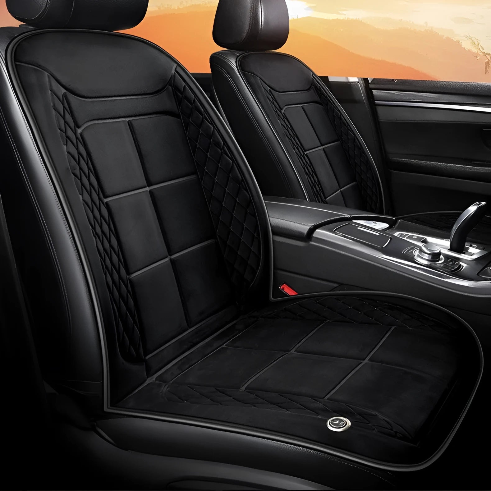 Automotive heating cushion on car seat in beige colour with cotton filler for winter comfort