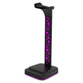 Acrylic RGB headset bracket with colour changing lights holding headphones, showing dual USB ports.