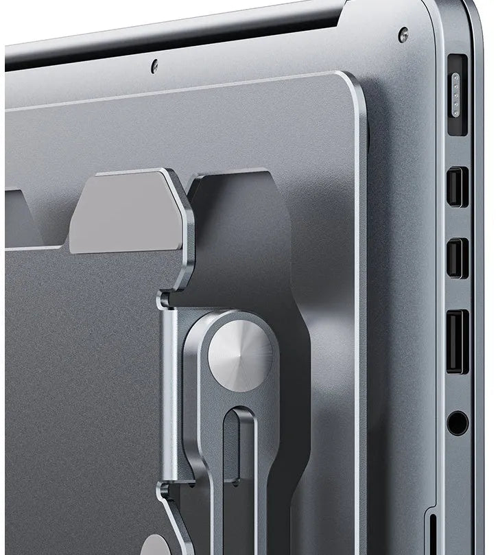 Grey aluminium laptop stand with adjustable angle and folding portable design