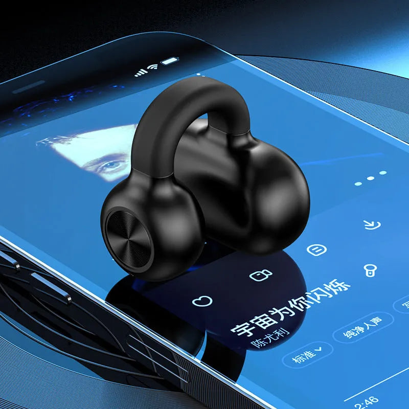 Black clip-on wireless bone conduction Bluetooth headset for sports and exercise.