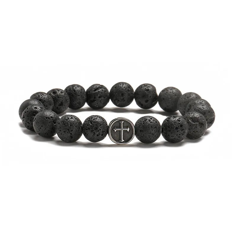 Geometric volcanic rock agate bracelet with stainless steel finish, 19mm diameter and 10mm bead size