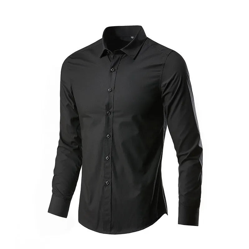 Linen long-sleeve loose fit slim shirt shown in a choice of colours including black, white, and navy blue.