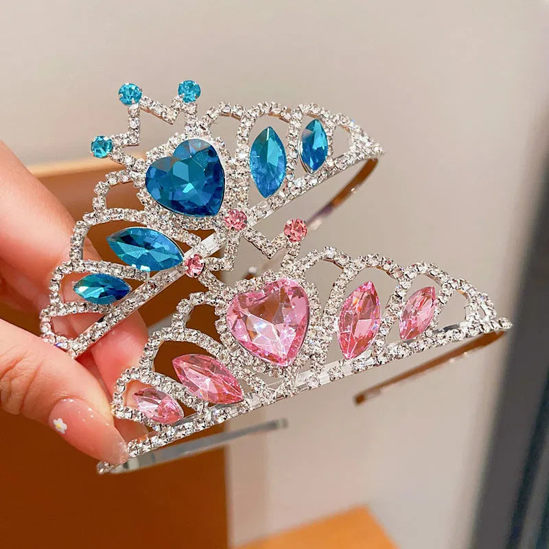 Children's electroplated alloy crown headband headdress in pink, light blue, and light purple crystal colours.