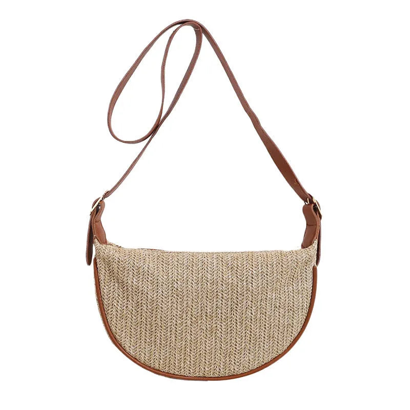 Women's portable knitted straw woven crossbody bag with single strap in corrugated black texture