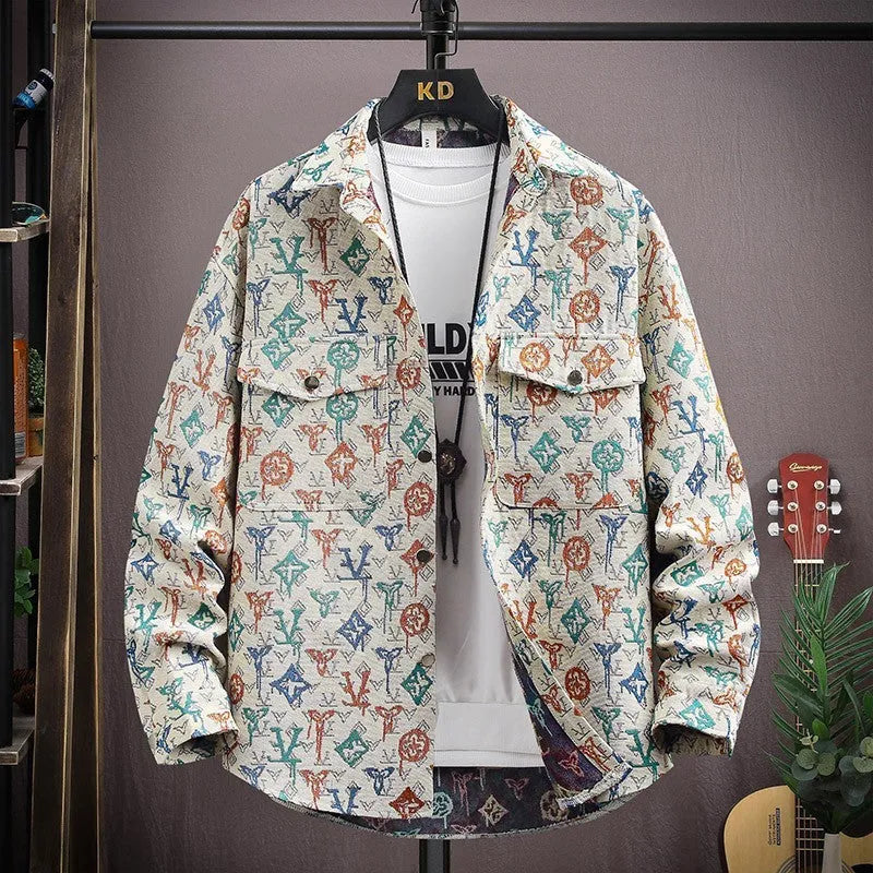 Men's casual lapel shirt coat in polyester with straight hem and long sleeves for spring and autumn wear