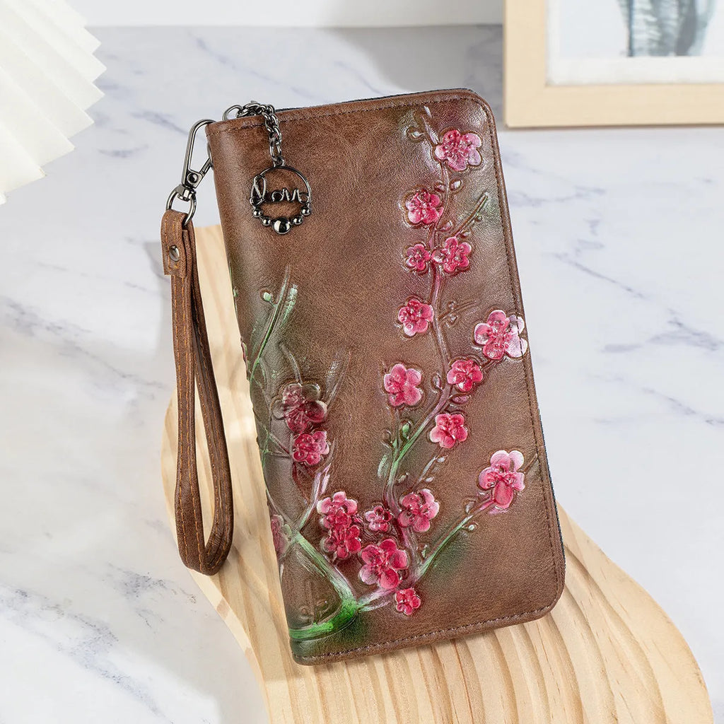 Embossed hand-painted Chinese style floral pattern handbag with zipper closure in black, brown or coffee colour