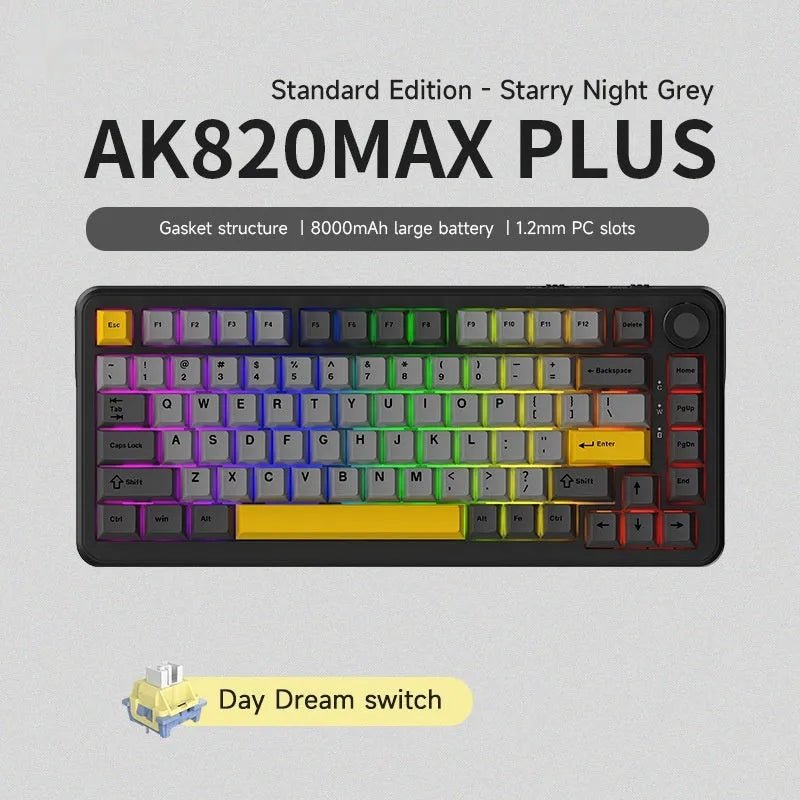 Three-mode mechanical keyboard with wireless hot plug in black, grey and yellow colour combination