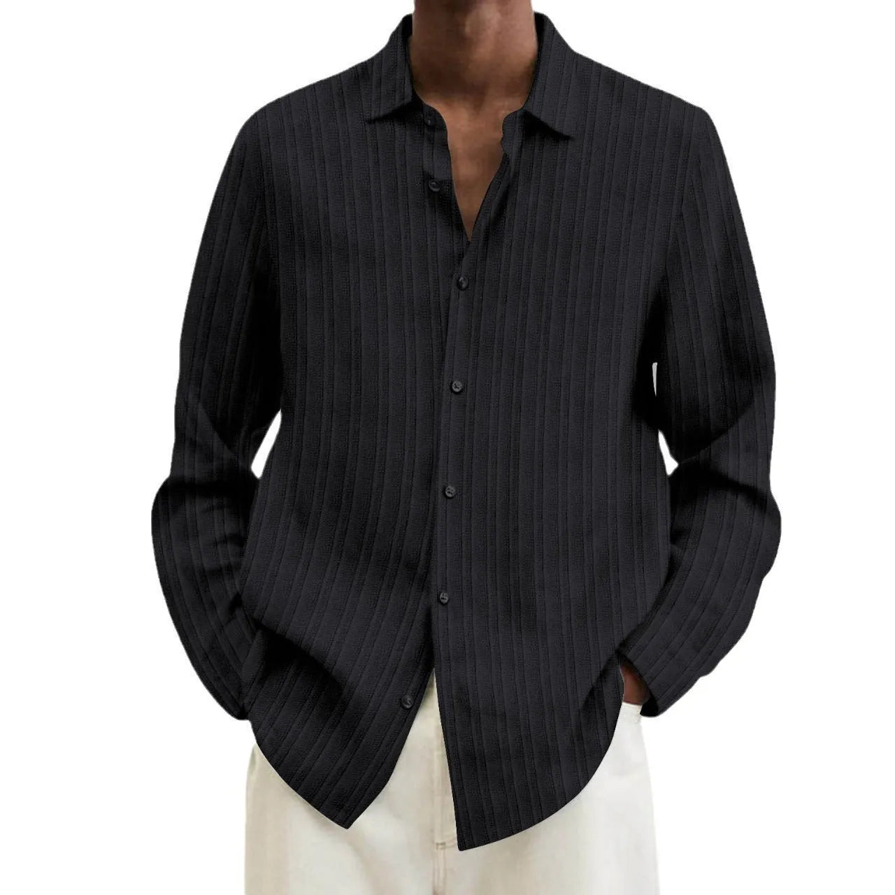 Men's striped British style cardigan shirt with 3D pattern and long sleeves