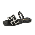 Women's square toe canvas check pattern flat sandals in beige with frosted finish, rubber sole, and leather lining