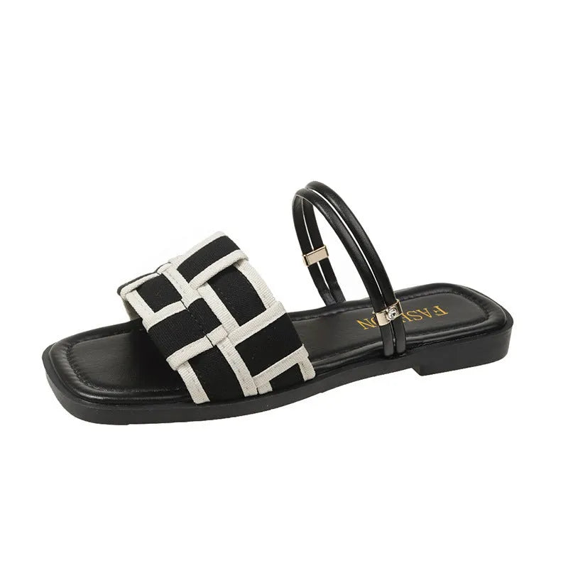 Women's square toe canvas check pattern flat sandals in beige with frosted finish, rubber sole, and leather lining