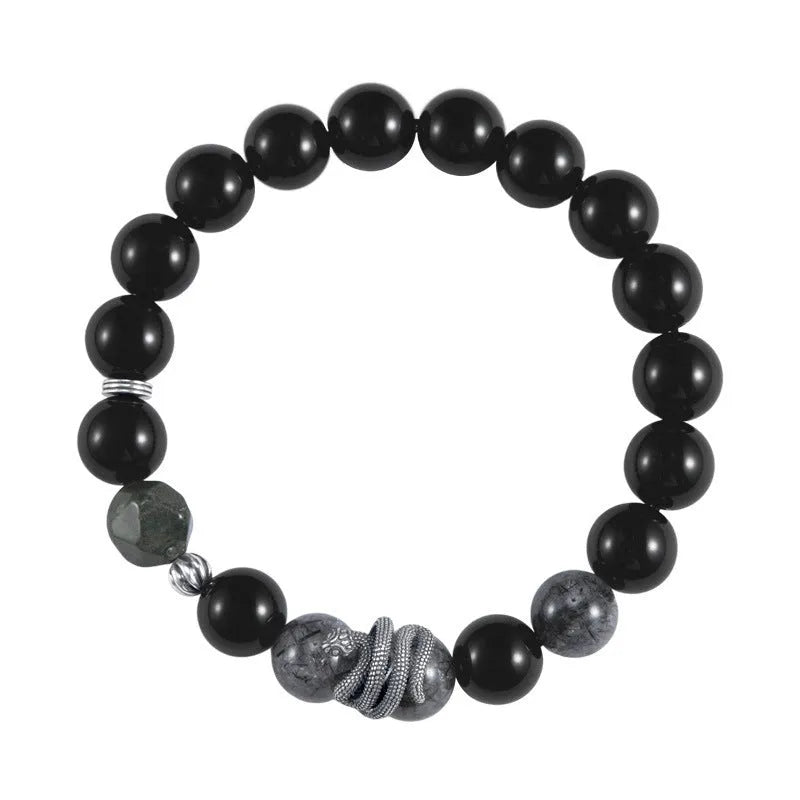 Men's black obsidian and sterling silver snake bracelet with retro Zodiac design