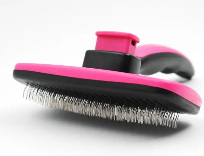 Pet self-cleaning comb with stainless steel teeth and rose red ergonomic handle for dog cat grooming