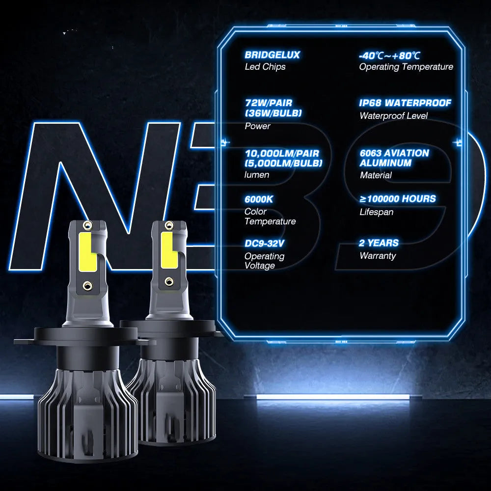 72W 6000K white LED car headlight bulb with adjustable chuck for H1 H7 9005 fitment