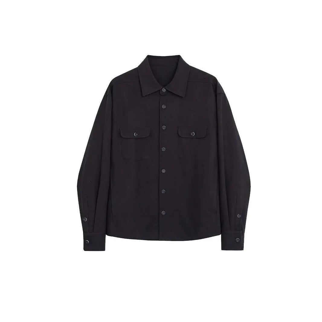 Men's light sand rice casual shirt with a lapel collar and long sleeves.