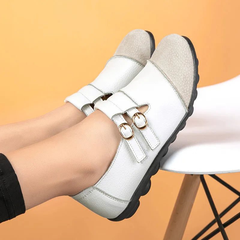 Plus size casual flat shoes with Velcro straps, cow leather upper, and round toe in multiple colour options