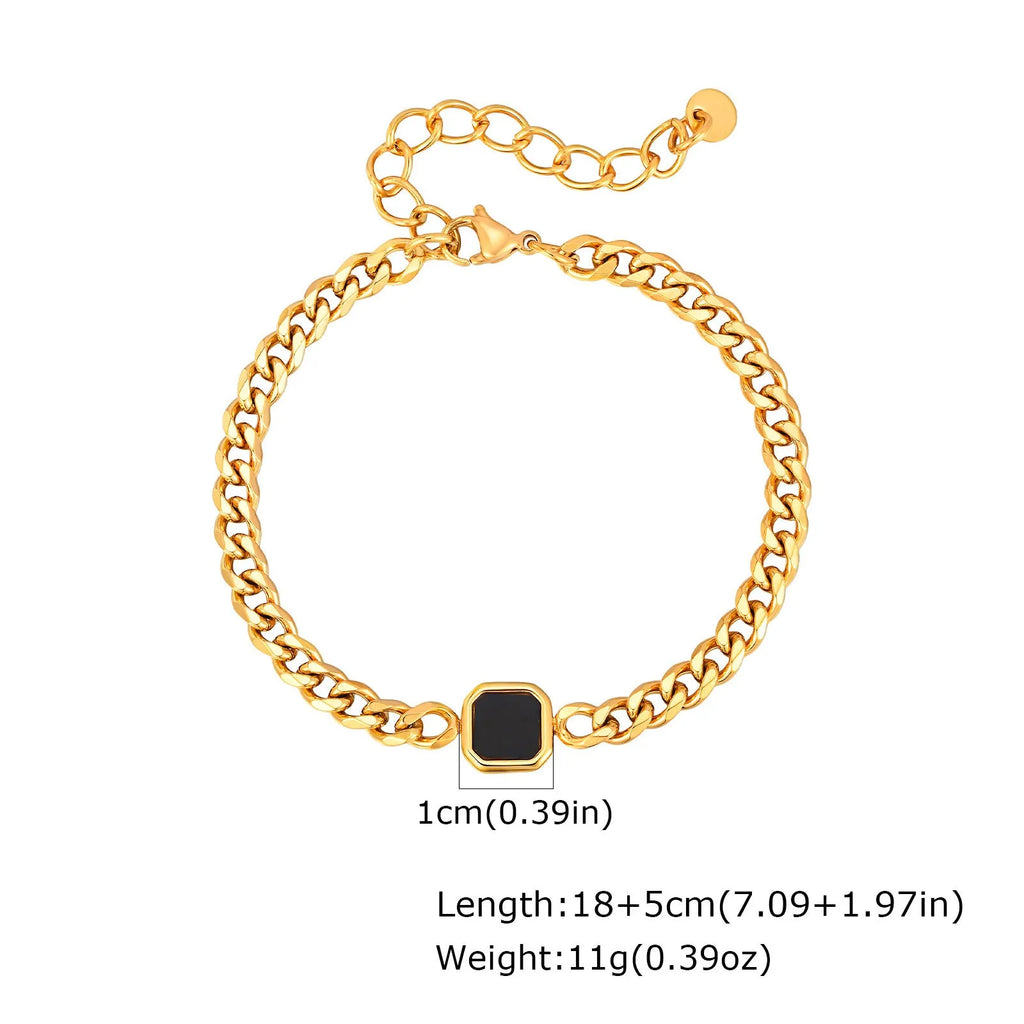 Stainless steel chain bracelet with six-sided acrylic geometric beads in Gold and Steel colour options