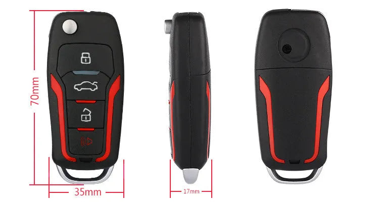 Red and black one-way car alarm remote control system with two remotes for 3000m range vehicle security.
