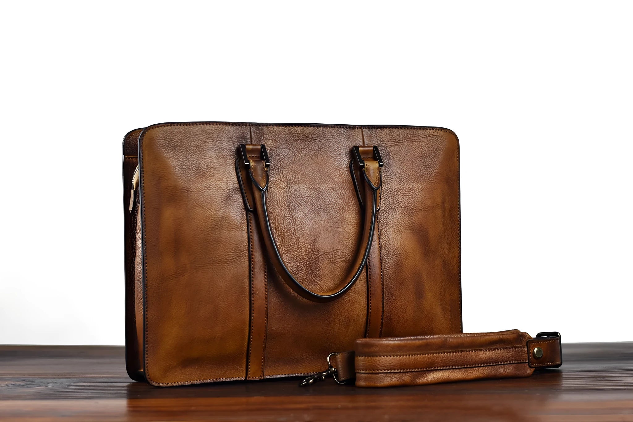 Men's 14 inch horizontal leather handbag in khaki colour with zipper opening