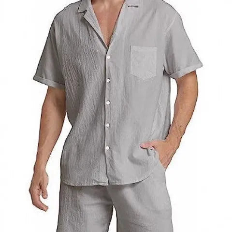Men's flax linen short-sleeved top and matching shorts suit laid flat, shown in army green colour.