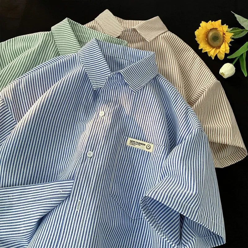 Blue and green striped loose fit plus size casual shirt with half sleeves