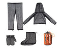 Four-piece mesh anti mosquito suit set with hooded top, pants, and booties for outdoor camping and fishing
