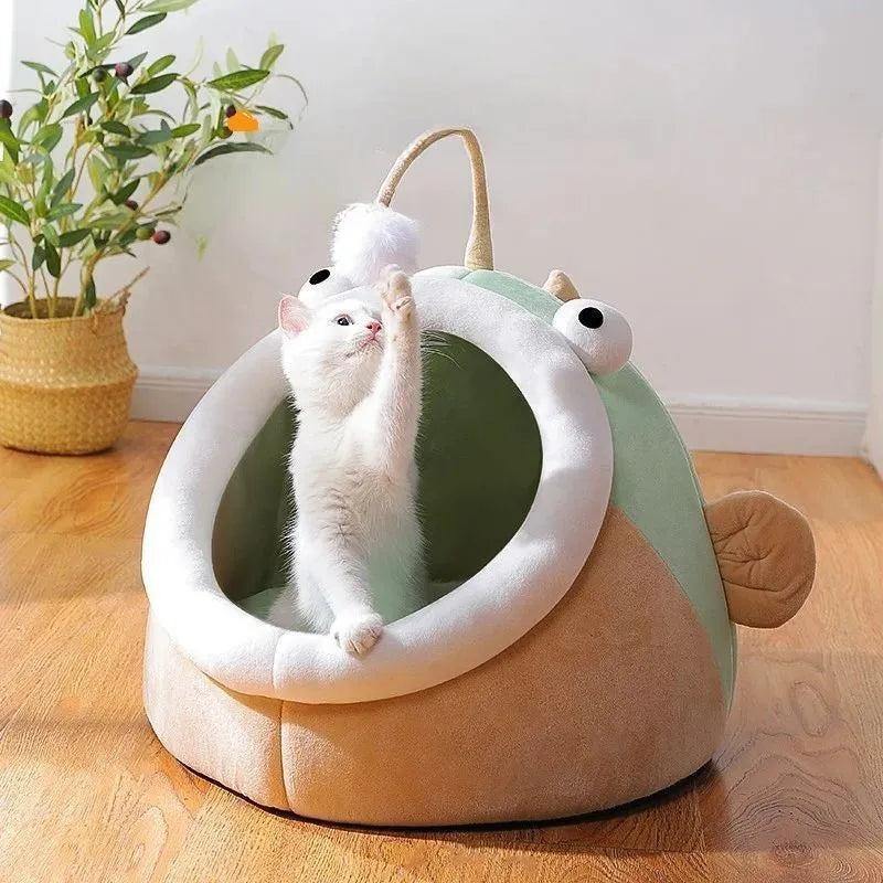 Multifunctional winter cat nest in deerskin velvet semi-closed lantern fish shape Gray colour size M