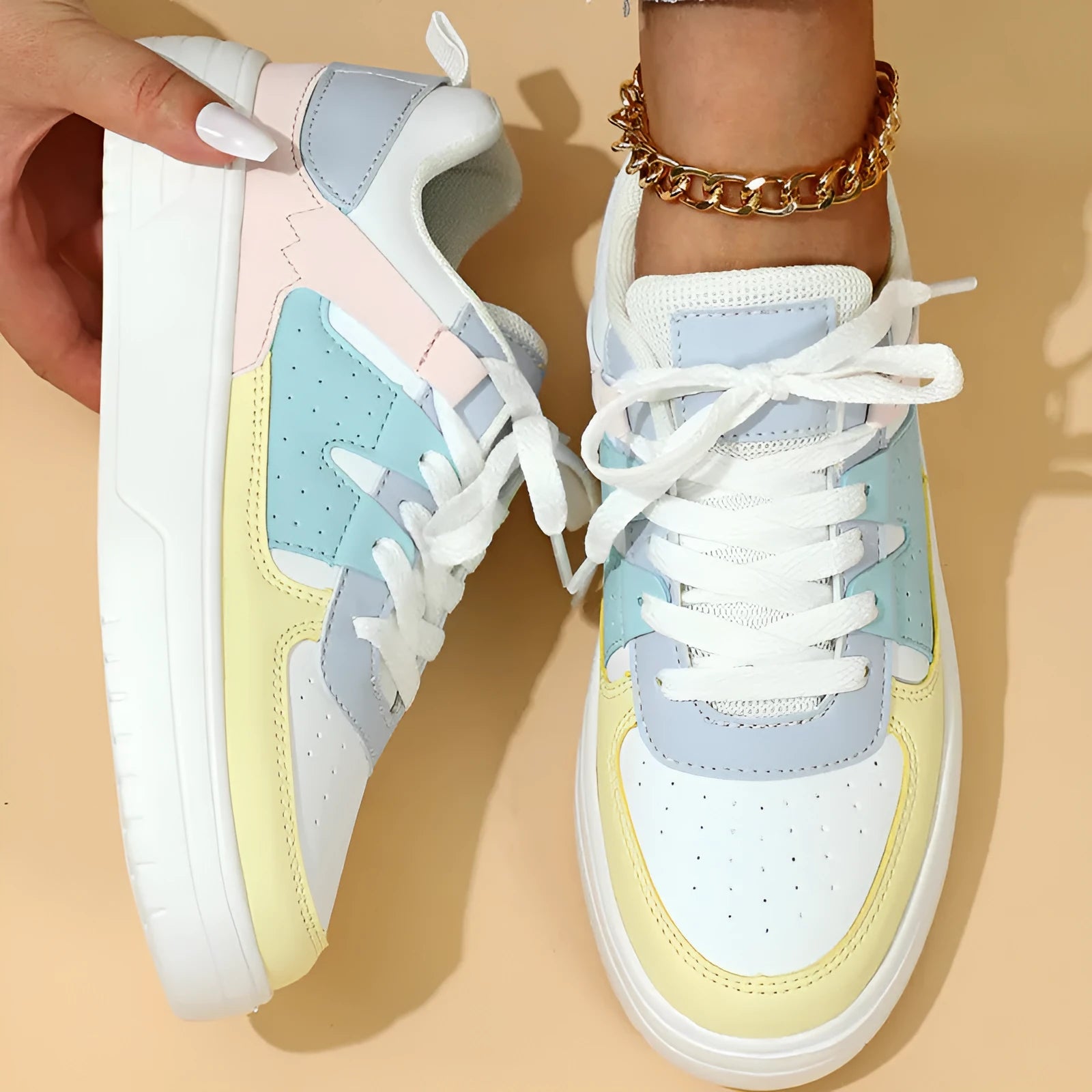 White and yellow moon platform sneakers with PU mesh upper and mid heel 3-5cm