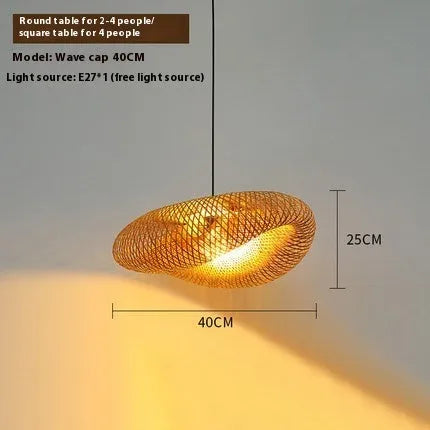 Bamboo straw hat-shaped hanging pendant lamp in natural material showing diameter size options
