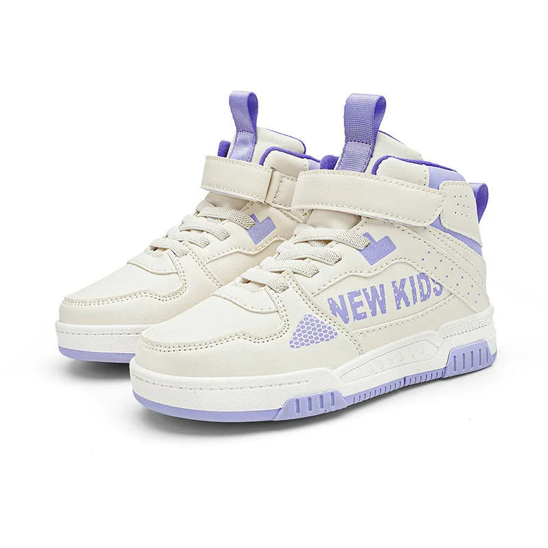 Children's colourful street sneakers with a buckle and letters pattern in beige green, blue, white, or purple.