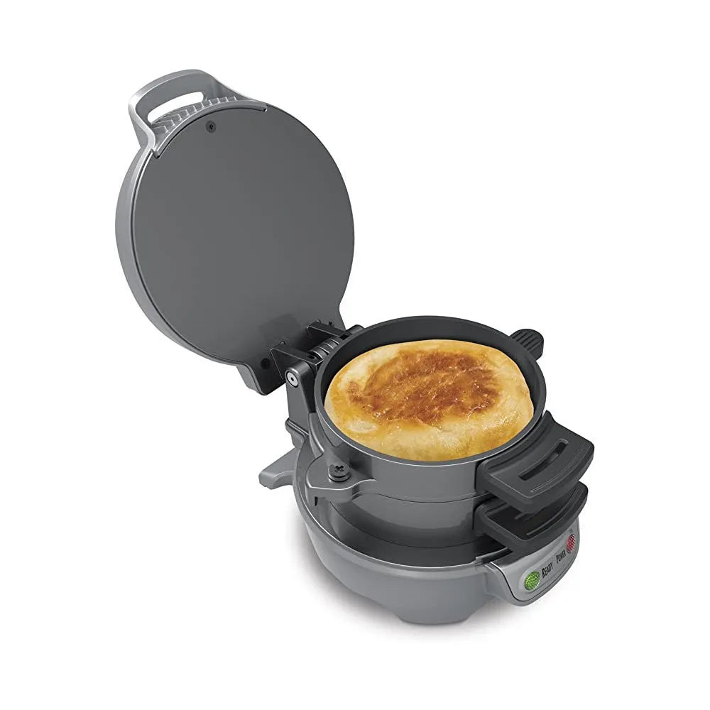 Bright red household breakfast machine sandwich maker with egg cooker ring and two baking trays.