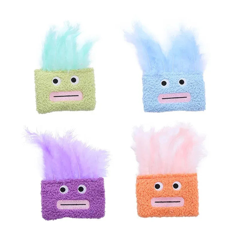 Catnip plush toy with big mouth explosion head shape in blue, green, orange, or purple colours