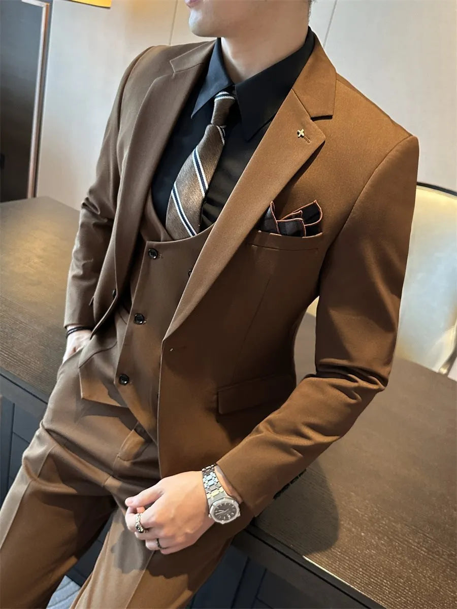 Men's slim fit business formal wear jacket in chemical fibre blended fabric available in camel, coffee, or dark green colours