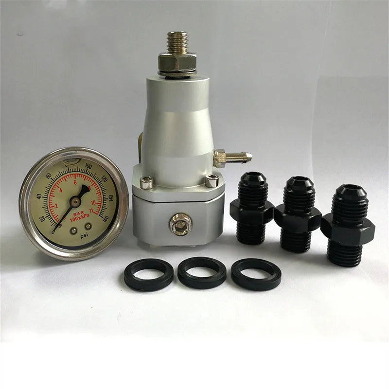 Black aluminium fuel pressure regulator with adjustment port for automotive fuel systems