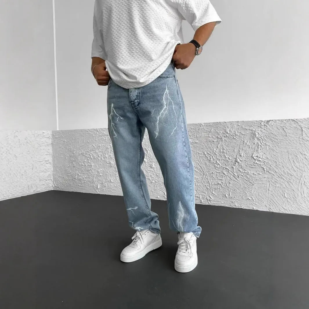 Men's straight-leg denim trousers in loose wide-leg fit with solid colour print and zipper fly