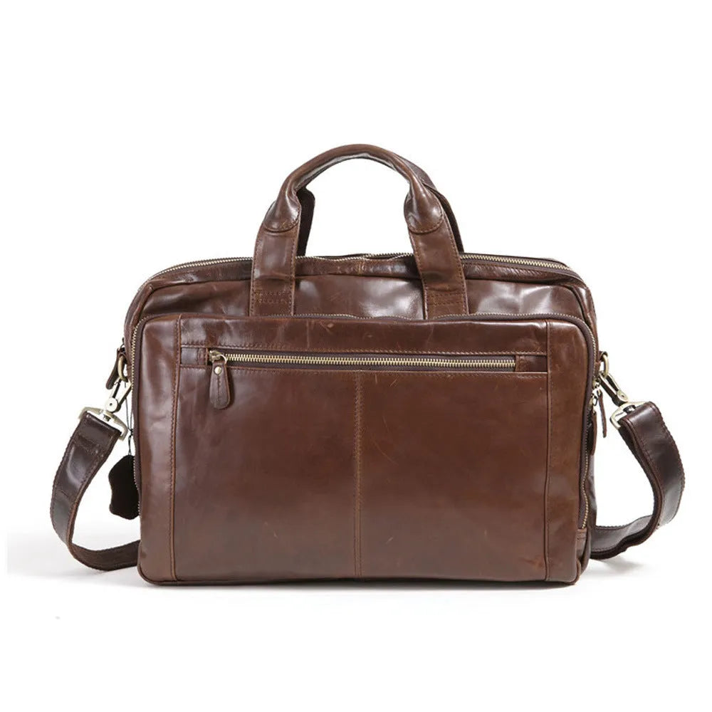 Brown men's business briefcase computer bag made from first layer cowhide leather with 18-inch dimensions