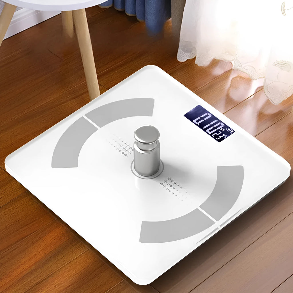 Smart Bluetooth body fat scale in white, black, or pink colours with display showing measurements