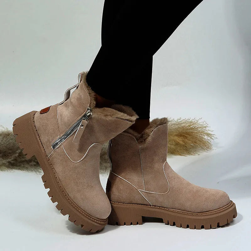 Women's thick plush snow boots with side zip, faux suede upper and non-slip rubber sole