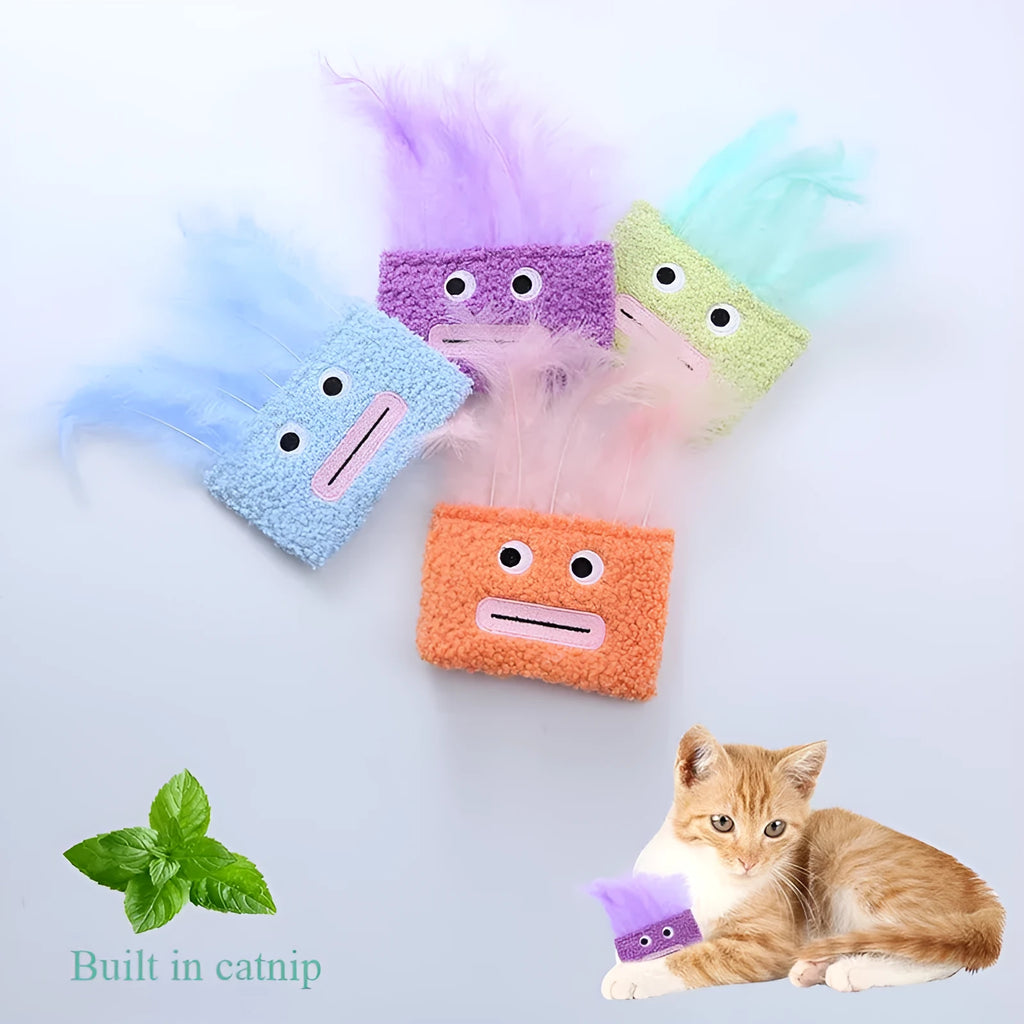 Catnip plush toy with big mouth explosion head shape in blue, green, orange, or purple colours