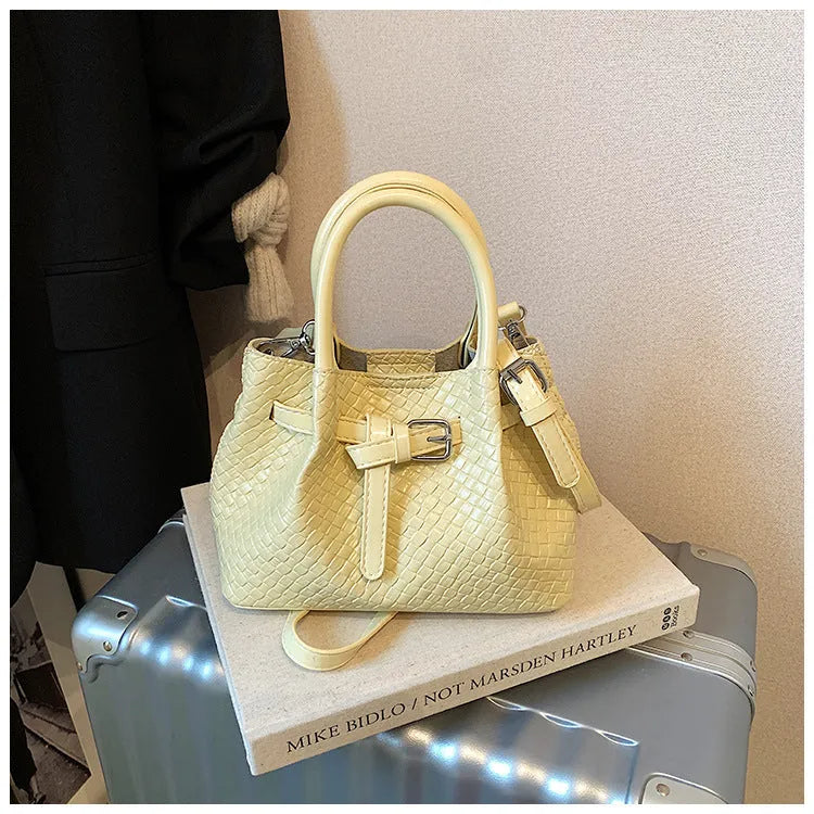Women's PU messenger bucket bag in khaki with spliced design and three-dimensional outer pocket