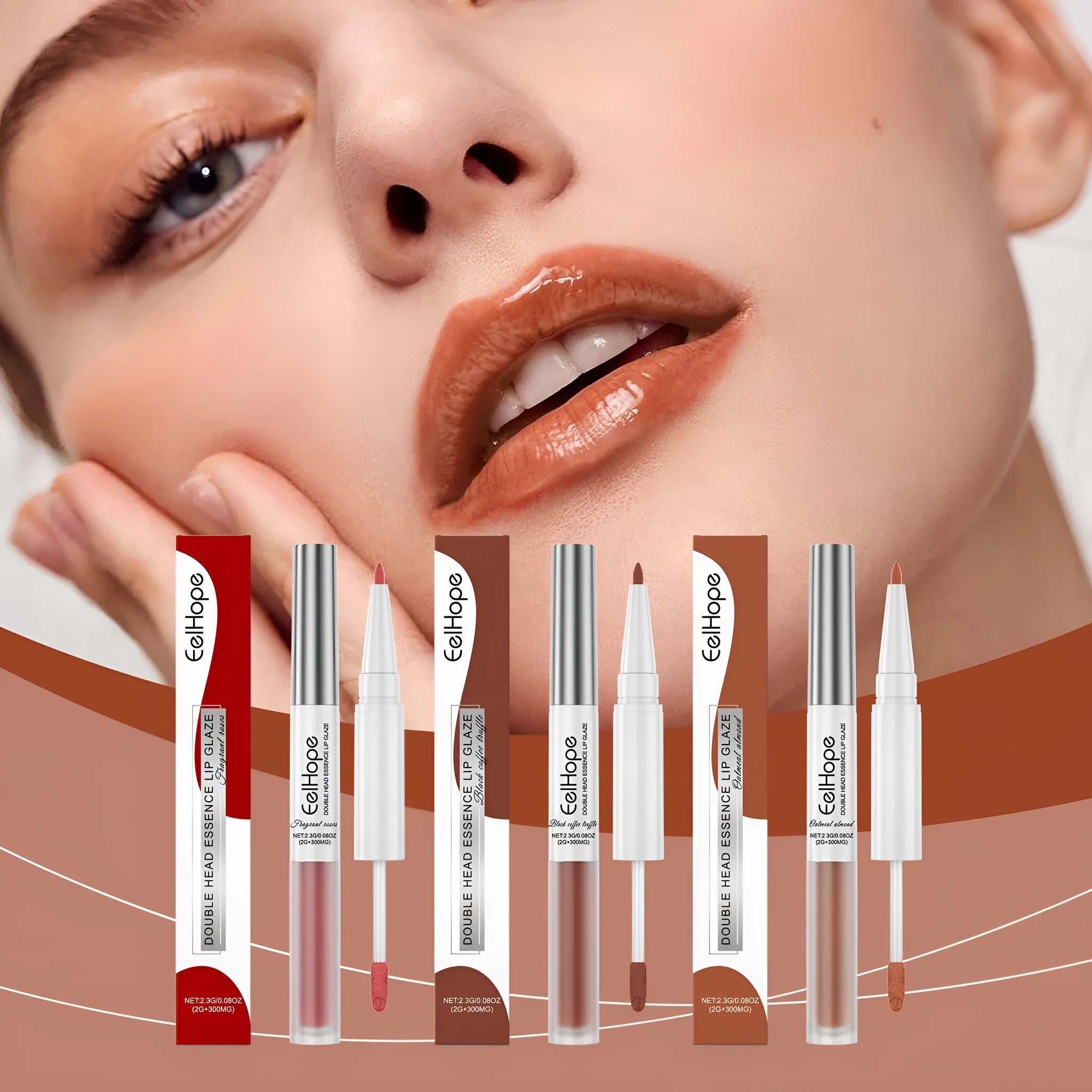 Double-headed lip makeup pen with lip liner pencil on one end and liquid lip lacquer pen on the other.