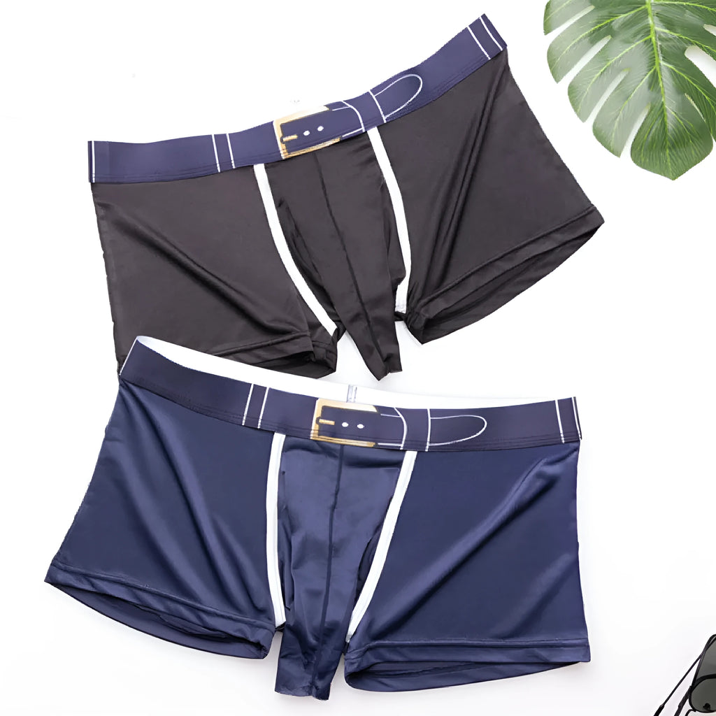Men's solid colour ice silk boxers on a mid waist, showing available colours: grey, black, green, sapphire blue, sky blue, and blue.