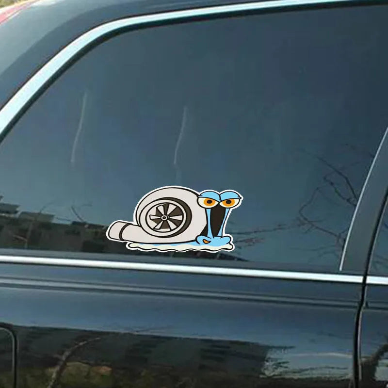 White reflective snail car sticker measuring 12x8cm with cartoon printing on bumper