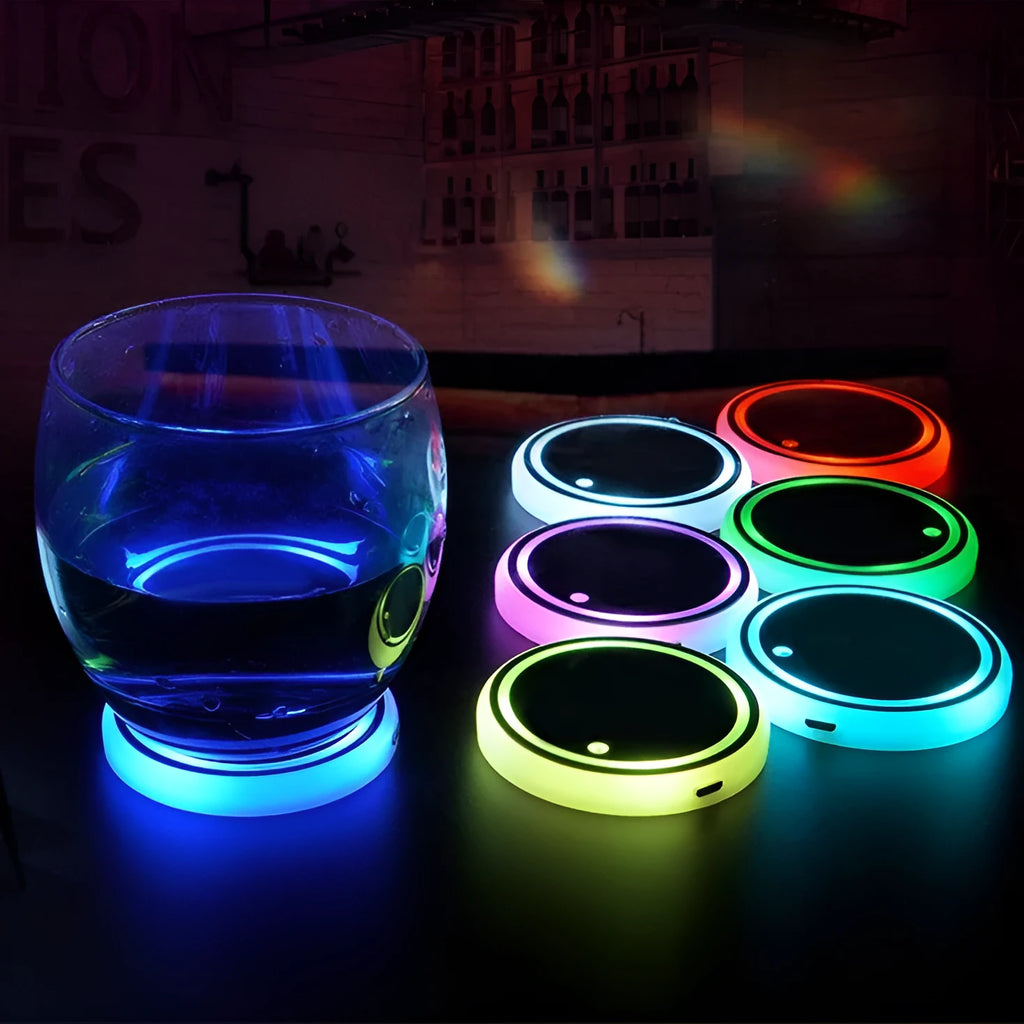 Colourful LED light-up coaster for car cup holder with USB cable.